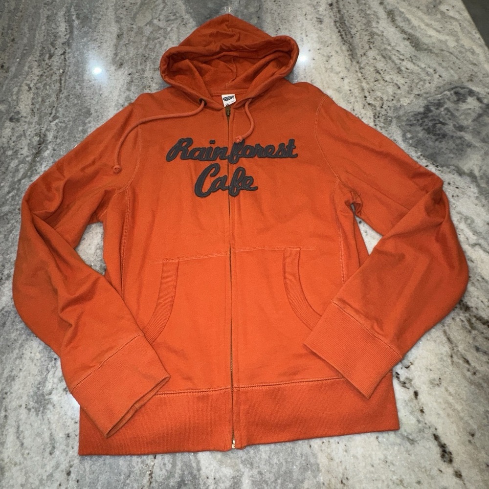 Rainforest Cafe Y2K Adult XL Full Zip Hoodie Jacket Embroidered Logo Orange